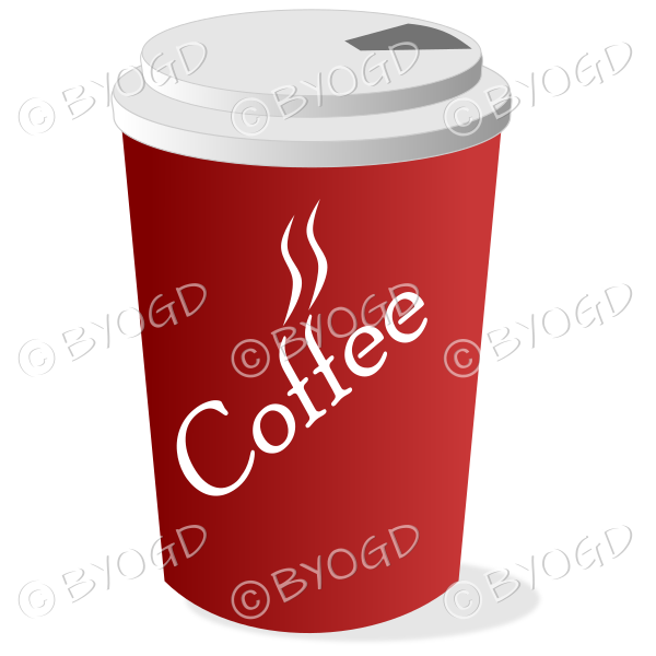 Coffee in a red take out cup to drink on the go.