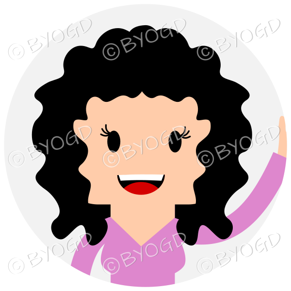 Headshot of shoulder length black curly haired female waving set in a circle wearing a pink top