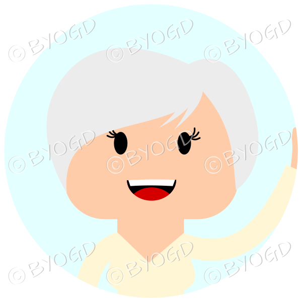 Headshot of silver (grey) short haired female waving set in a circle