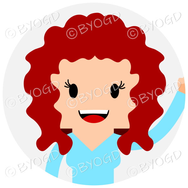 Headshot of curly long mid brown (auburn) haired female waving set in a circle wearing a blue top