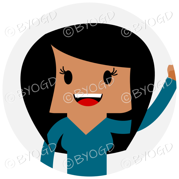 Headshot of long straight black haired female waving set in a circle wearing a blue top
