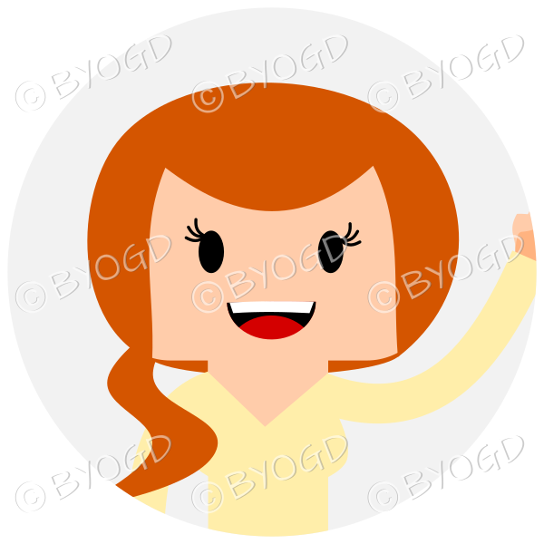 Headshot of ginger (red) haired female with pony tail waving set in a circle wearing a yellow top