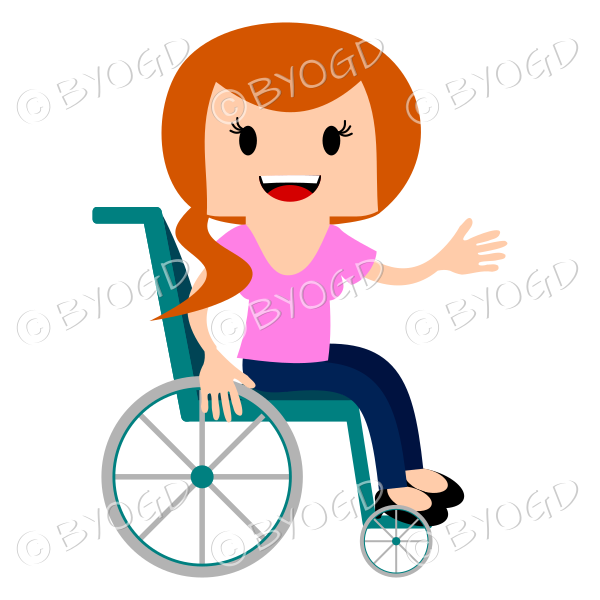 Girl with long red hair in a pony tail sitting in a wheelchair. Smiling and one hand stretched out in greeting, sitting in a blue wheelchair and wearing a pink top.