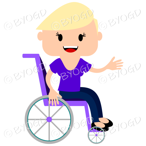 Girl with short blonde hair in a wheelchair. Smiling and one hand stretched out in greeting, sitting in a purple wheelchair and wearing a purple top.