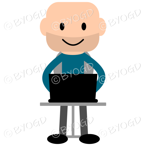 Bald young guy at laptop computer wearing a light blue top