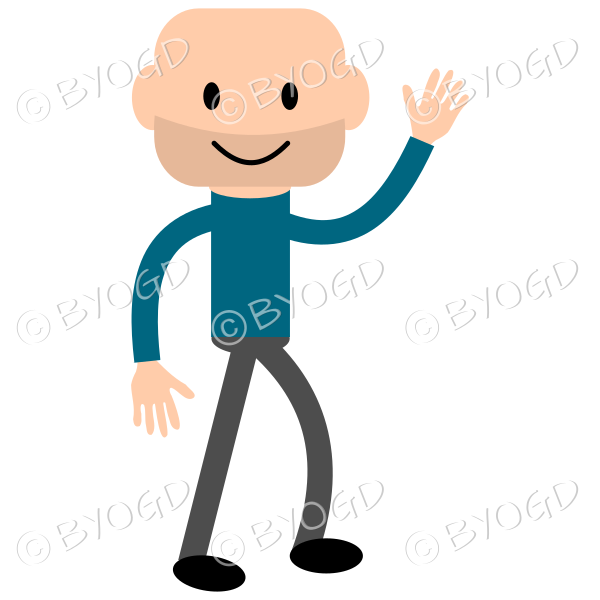 Young bald guy wearing a long sleeved blue top and waving