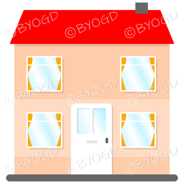 Front view two-storey house with red roof, white door and orange curtains