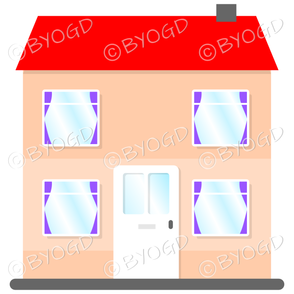 Front view two-storey house with red roof, white door and purple curtains
