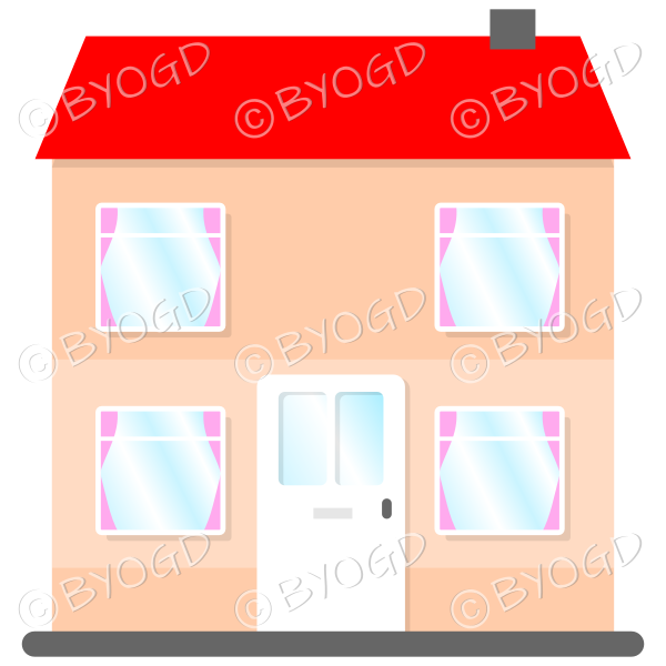 Front view two-storey house with red roof, white door and pink curtains