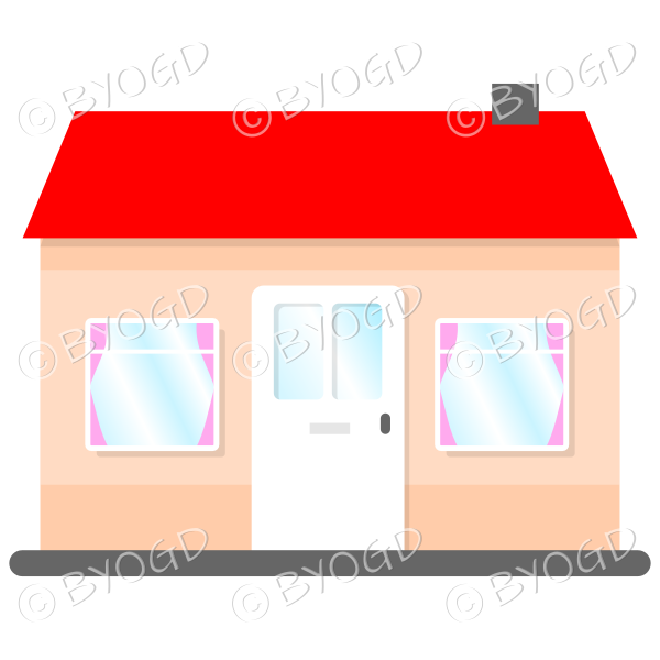 Front view single story house, bungalow, with red roof, white door and pink curtains