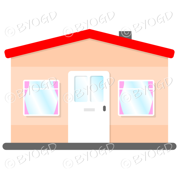 Side view single story house, bungalow, with red roof, white door and pink curtains