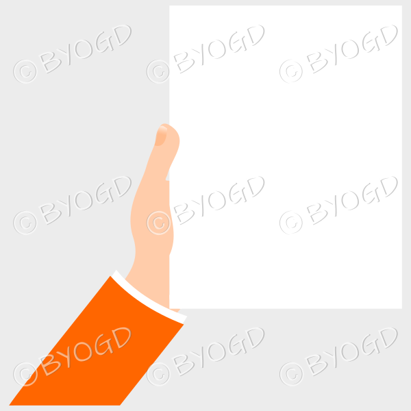 Hand with orange sleeve holding paper for your message.