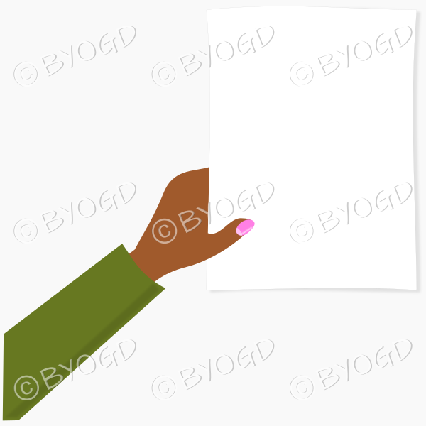 Hand with green sleeve holding paper for your message