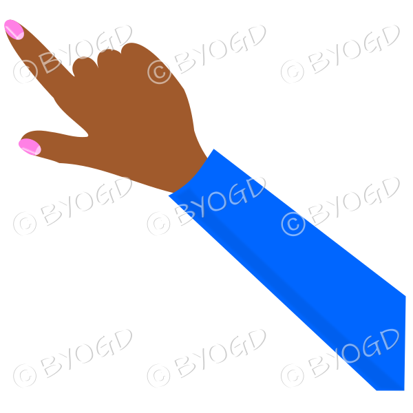 Female hand with blue sleeve pointing finger