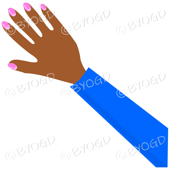 Female hand with blue sleeve and nail polish