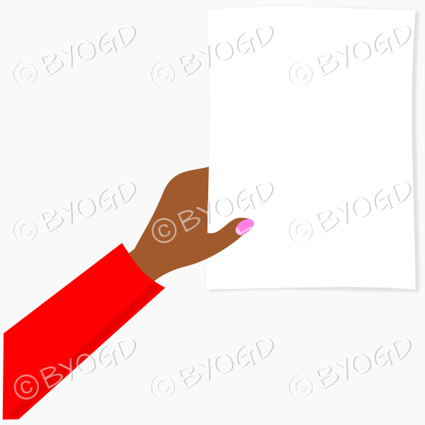 Hand with red sleeve holding paper for your message
