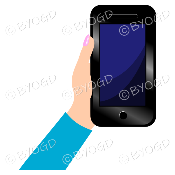 Hand holding a phone with a blank screen - Light Blue sleeve