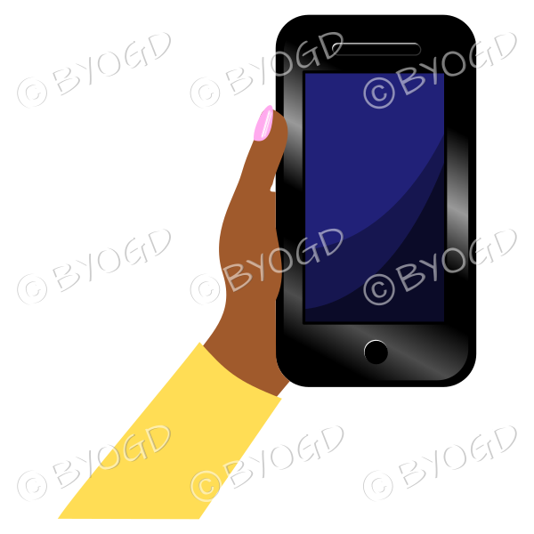 Hand holding a phone with blank screen - Yellow sleeve