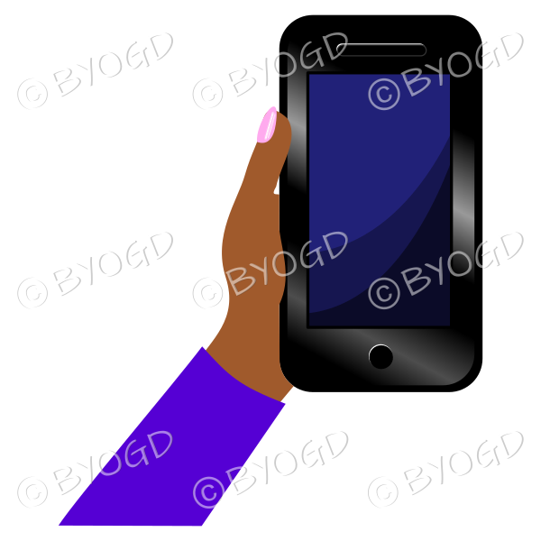 Hand holding a phone with blank screen - Purple sleeve