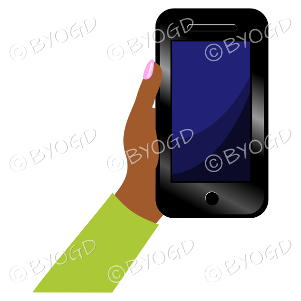 Hand holding a phone with blank screen - Green sleeve