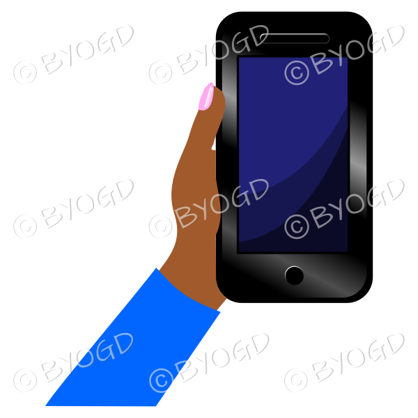 Hand holding a phone with blank screen - Blue sleeve