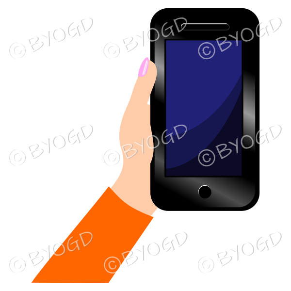 Hand holding a phone with blank screen - Orange sleeve
