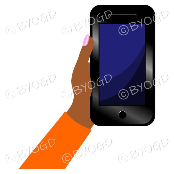 Hand holding a phone with blank screen - Orange sleeve