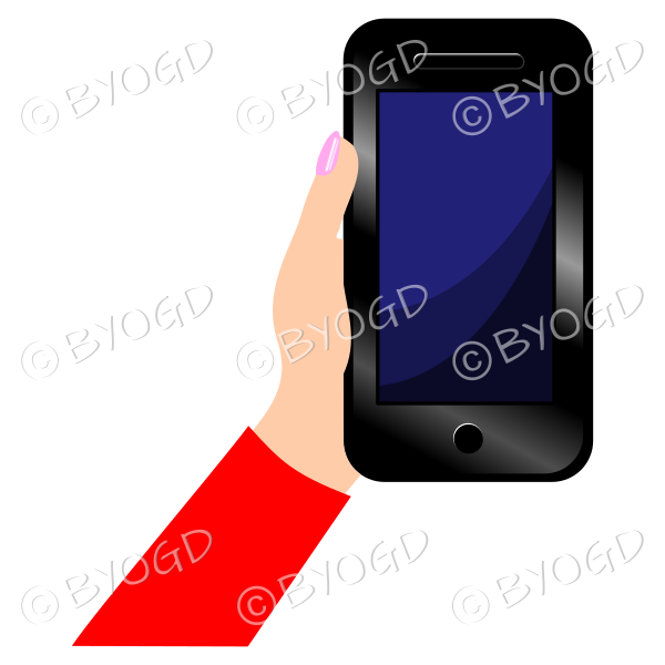 Hand holding a phone with blank screen - Red sleeve