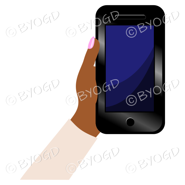 Hand holding phone with blank screen - Brown sleeve