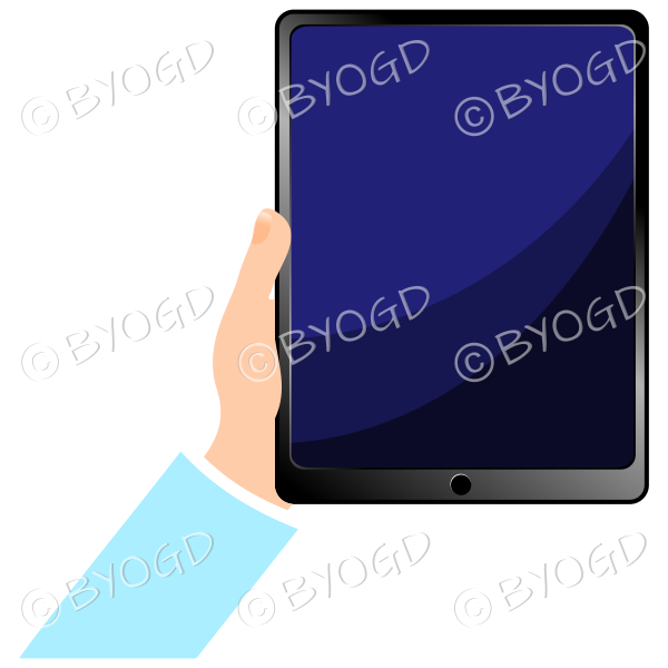 Hand holding tablet iPad with blank screen - Light Blue sleeve