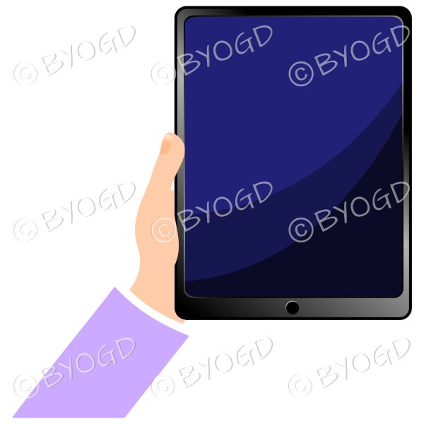 Hand holding tablet iPad with blank screen - Purple sleeve