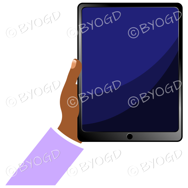 Hand holding smart pad with blank screen - Purple sleeve
