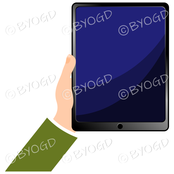 Hand holding tablet iPad with blank screen - Green sleeve