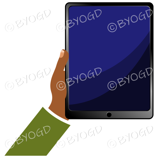 Hand holding tablet iPad with blank screen - Green sleeve