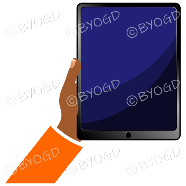 Hand holding tablet iPad with blank screen - Orange sleeve