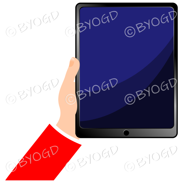 Hand holding tablet iPad with blank screen - Red sleeve