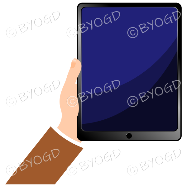Hand holding tablet iPad with blank screen - Brown sleeve
