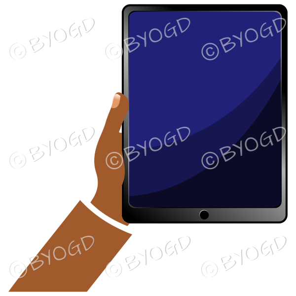 Hand holding tablet iPad with blank screen - Brown sleeve