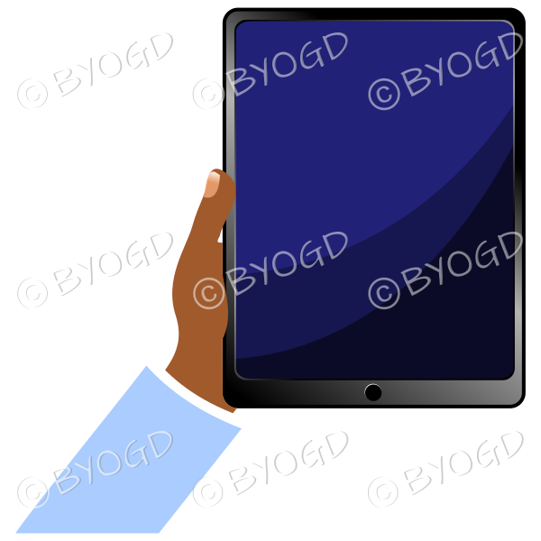 Hand holding tablet iPad with blank screen - Blue sleeve