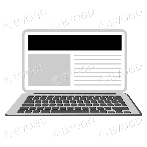 Laptop computer with black and white website on screen.