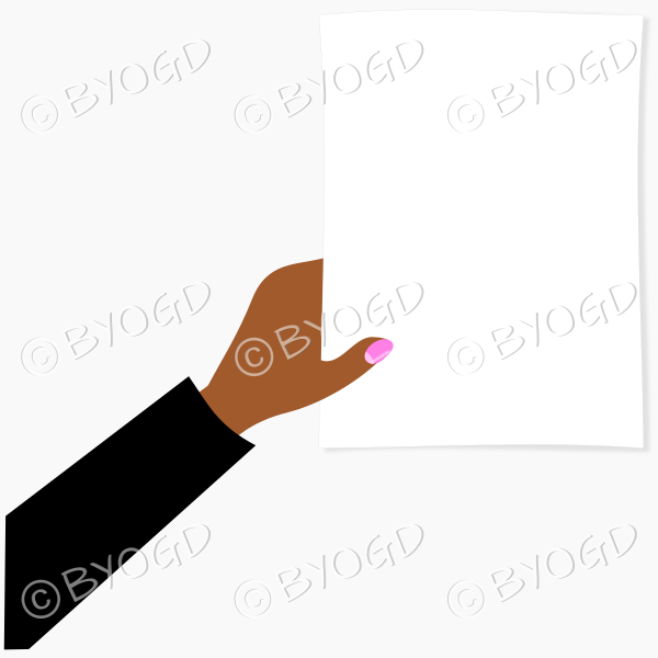 Hand with black sleeve holding paper for your message.