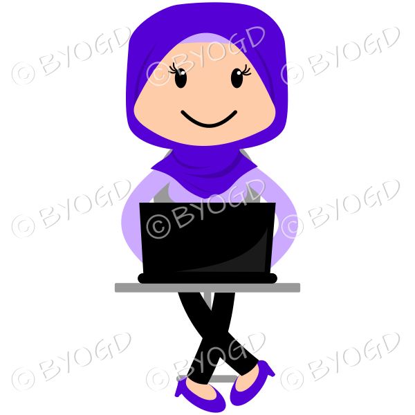 Woman in a purple headscarf at computer.