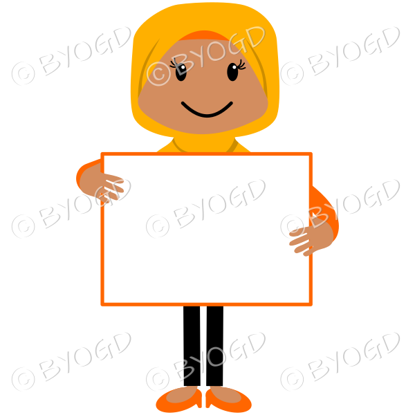 Lady in an orange yellow headscarf with a blank message board