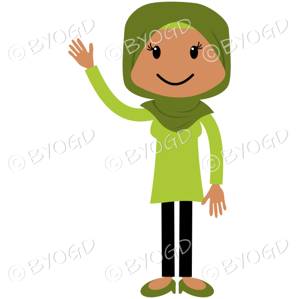 Woman in a green headscarf waving.