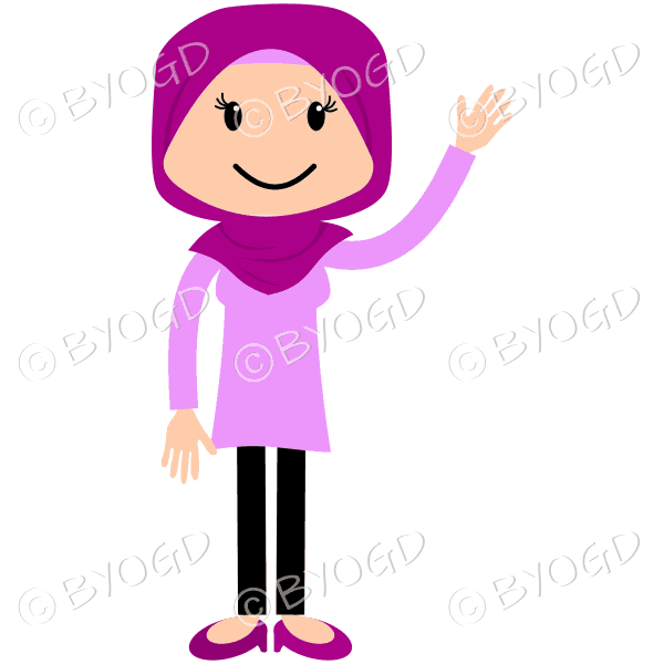 Woman in a pink headscarf waving.
