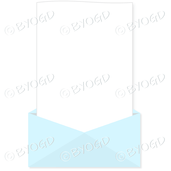 Light blue envelope with a tall white letter for your message.