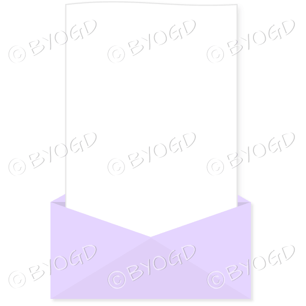 Purple envelope with a tall white letter for your message.