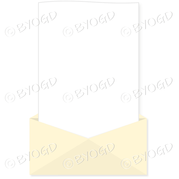 Pale yellow envelope with a tall white letter for your message.