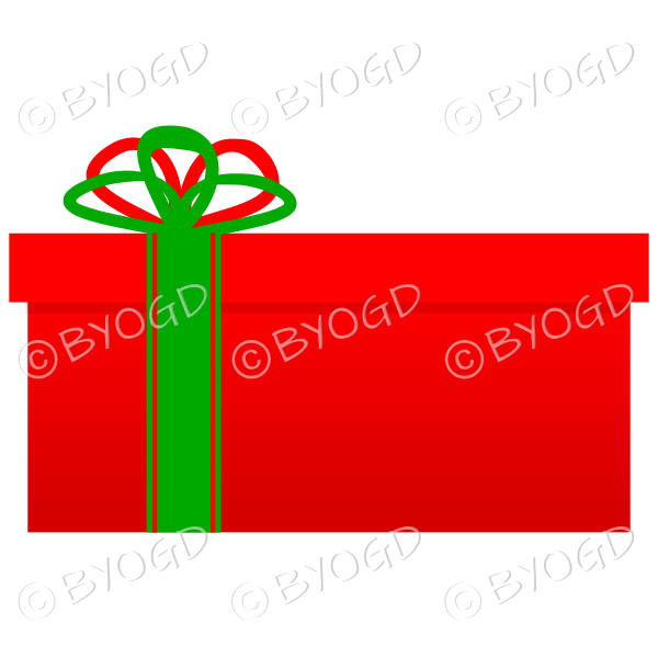Red and green Christmas present in a wide gift box