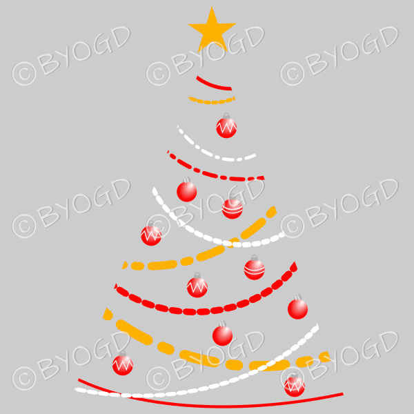 Clear backed designer Xmas tree with red and orange decorations.